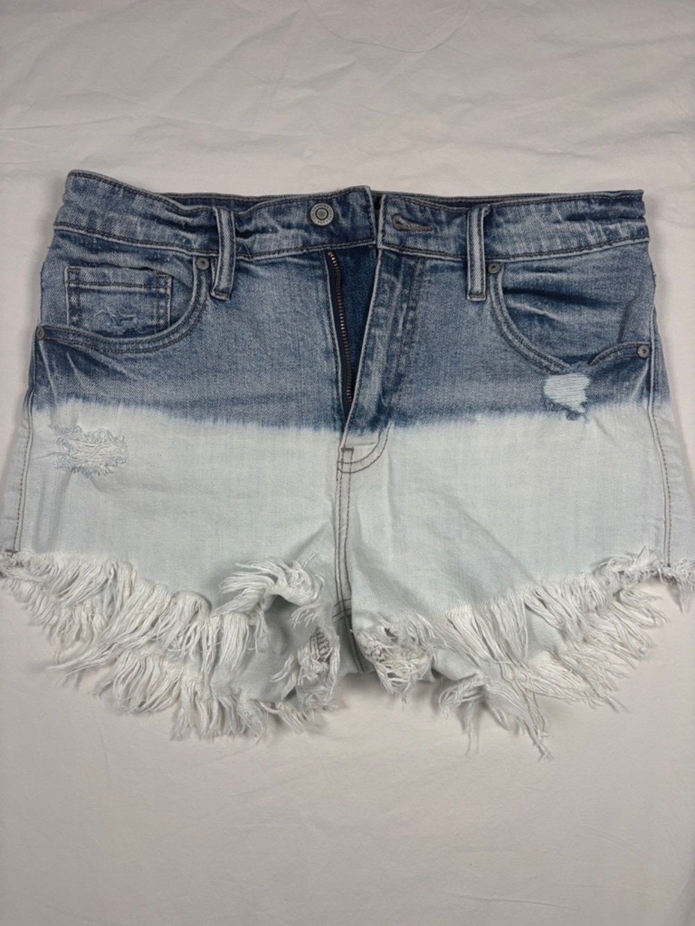 eunina Blue and White Ombre Frayed Denim Shorts
